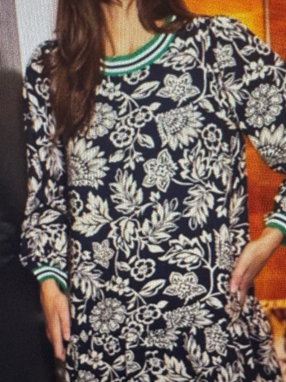 Black & White Floral Long-Sleeve Dress with Green-Trim Neckline